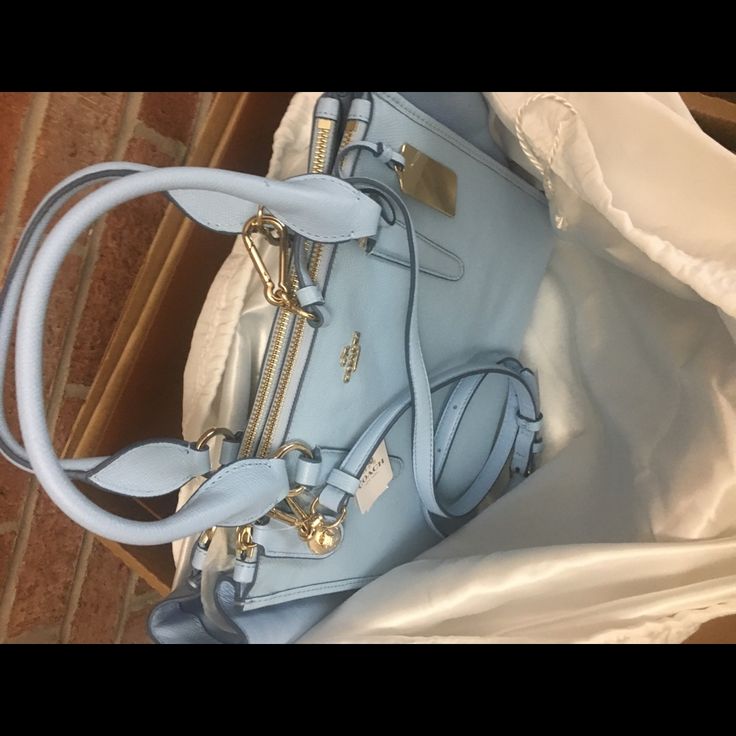 Brand New With Tag, Box And Dustbag Coach Carryall Crosby Pale Baby Blue Leather Crossbody Handle With 5' Drop 17'-8.5'-7' Designer Light Blue Bag With Detachable Strap, Designer Light Blue Bags With Detachable Strap, Luxury Light Blue Office Bag, Designer Light Blue Bags For Everyday, Luxury Blue Bag With Zipper Closure, Designer Light Blue Shopping Bag, Designer Blue Bag With Zipper Closure, Designer Blue Bags With Zipper Closure, Designer Light Blue Bag With Gold-tone Hardware