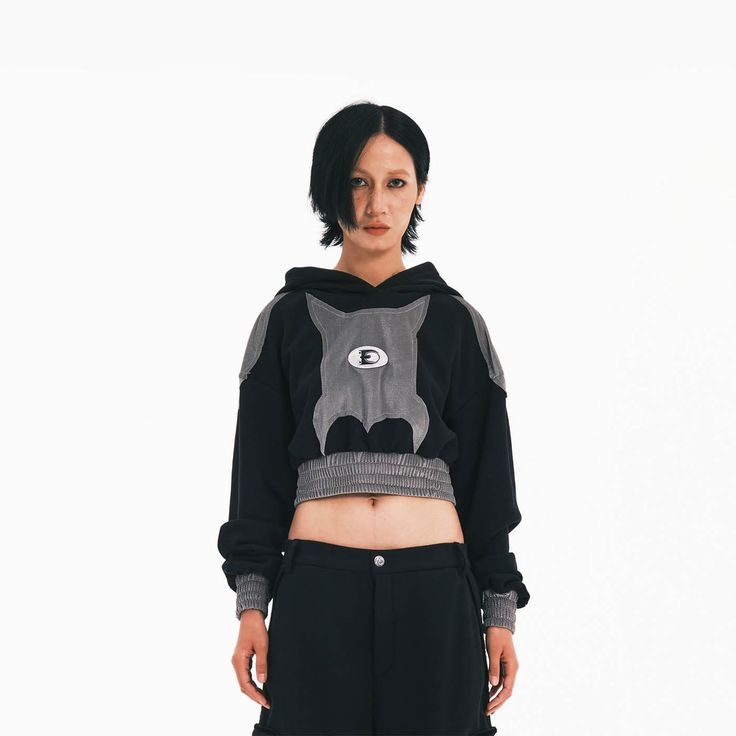 EMBRYO Bat Patchwork Cropped Hoodie, premium urban and streetwear designers apparel on PROJECTISR.com, EMBRYO Trendy Black Hoodie With Patchwork, Urban Patchwork Hoodie For Fall, Winter Streetwear Sweatshirt With Patchwork, Urban Patchwork Sweatshirt For Fall, Urban Sweatshirt With Patchwork For Streetwear, Trendy Patchwork Sweatshirt For Streetwear, Fall Patchwork Sweatshirt For Streetwear, Patchwork Hoodie For Fall Streetwear, Fall Patchwork Hoodie For Streetwear