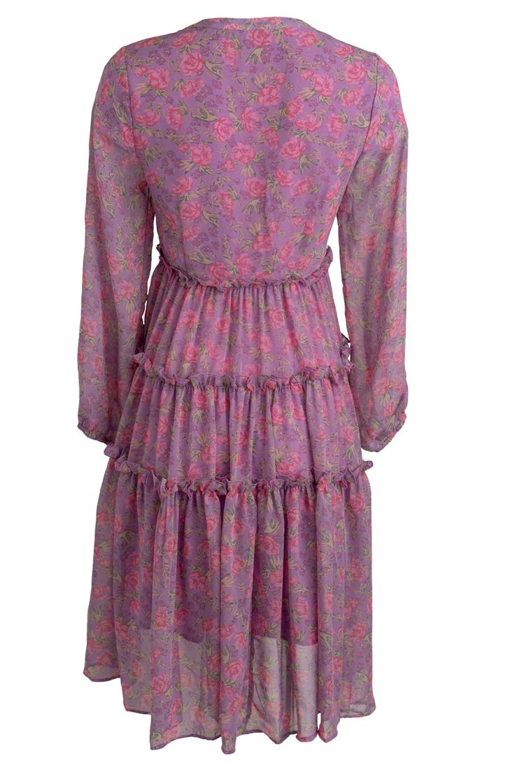 This Lydia Dress in Pink Floral is a versatile and functional choice for any occasion. With its vibrant purple base and delicate pink floral overlay, it is both stylish and practical. The v neckline and elastic cuffs add to the feminine appeal, while the lined, knee-length skirt features ruffle detailing for added flair. The functional buttons down the front make it nursing-friendly, so she's a perfect choice for new moms. Floral Overlay, City Woman, Nursing Friendly, Vibrant Purple, Knee Length Dresses, Knee Length Skirt, Knee Length Dress, New Moms, Pink Dress