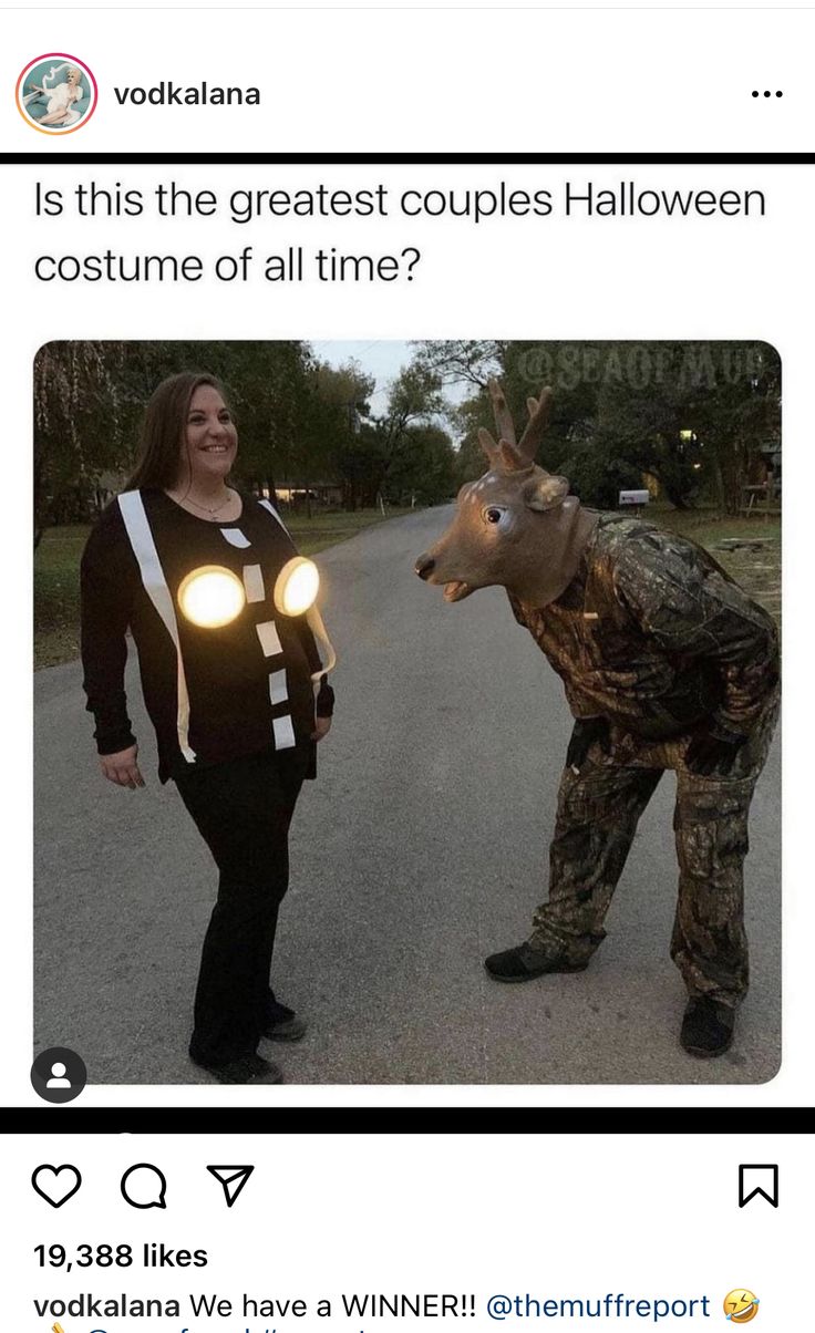 a woman standing next to a deer with lights on it's head and the caption, is this the greatest couples halloween costume of all time?