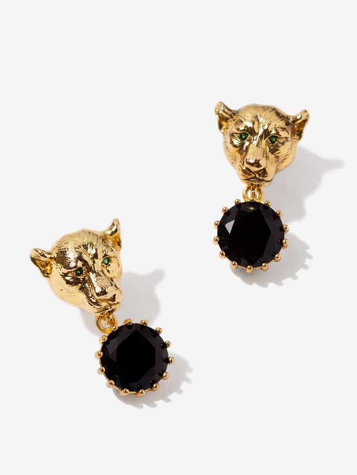 Lioness Earrings With CZ Stones earrings Vinty Jewelry black Gold Statement Jewelry, Panther Leopard, Dark Acadamia, Luxurious Jewelry, Edgy Design, Brave Women, Onyx Jewelry, Hiccup, Animal Earrings