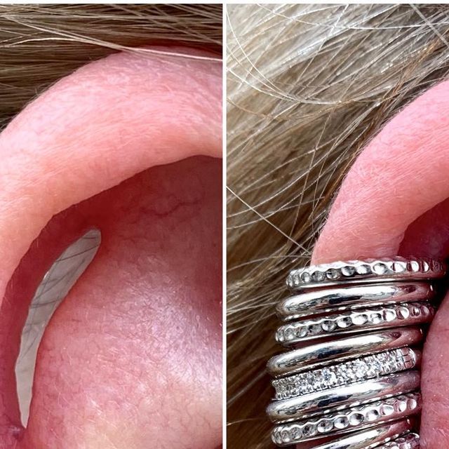 two pictures of the inside of a persons ear with different types of jewelry on it