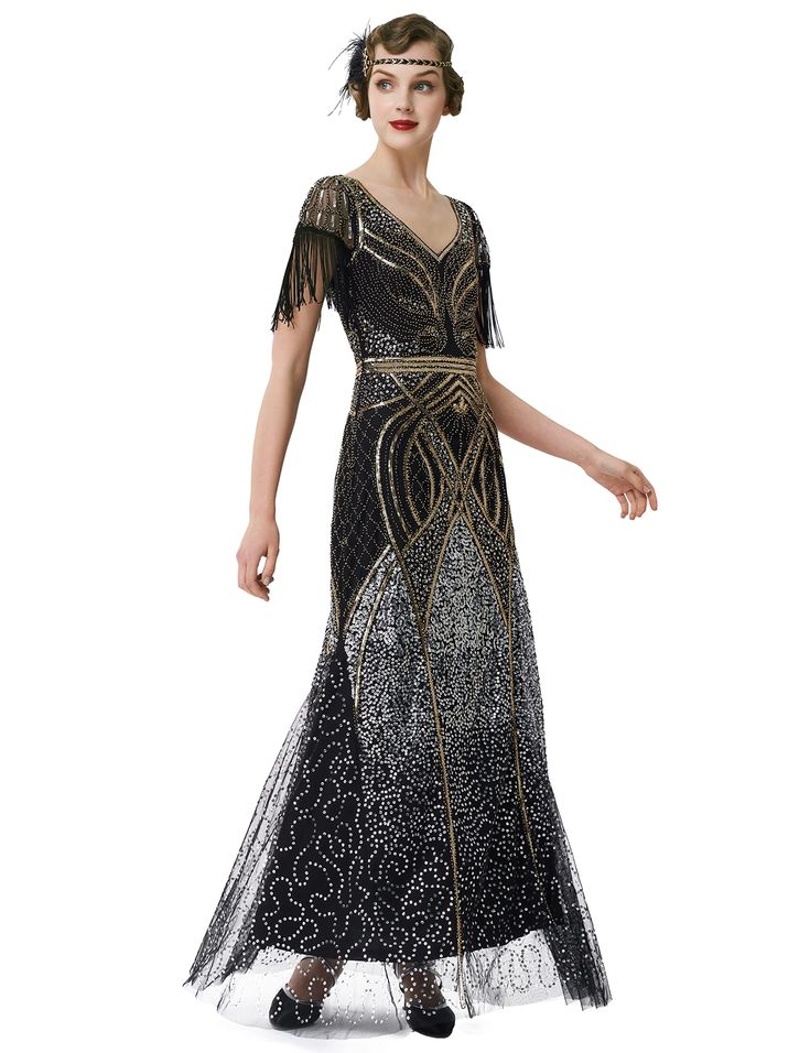 PRICES MAY VARY. Material: Polyester fabric, beads and sequins with tulle; comfortable and breathable. Size: Please check the “Size Chart” on the last image before purchasing it. This is an elegant, hand sequined and beaded evening gatsby dress. The glittering beads will sparkle with the light, and the classic diamond-shaped pattern will never go out of style. The tulle at the end is the biggest highlight of this dress. Feature: Fitted silhouette; sexy sleeveless and V-neck design; swaying hemli 1920s Formal Dress, 1920s Party Dress, 1920s Gown, Maxi Dress For Wedding, Flapper Dress 1920s, Evening Dress Pattern, 1920s Evening Dress, Gown Costume, Long Mermaid Dress