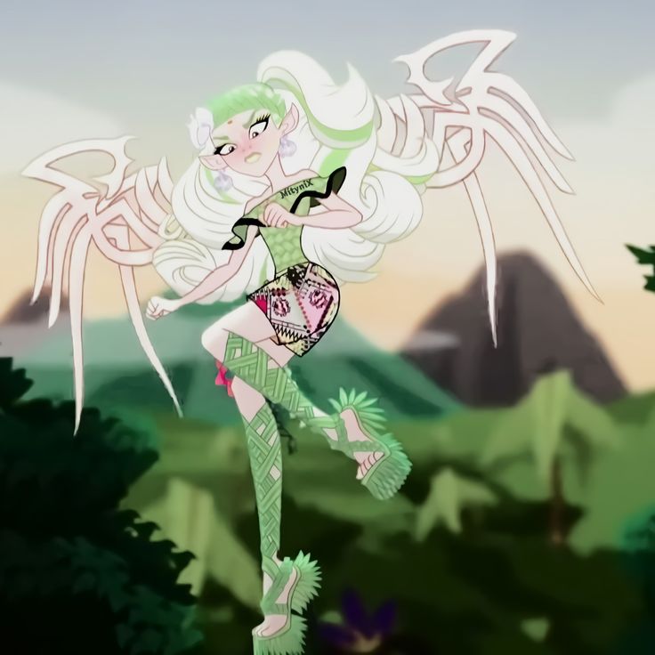 a cartoon girl with green hair and wings flying in the air over trees, mountains and hills