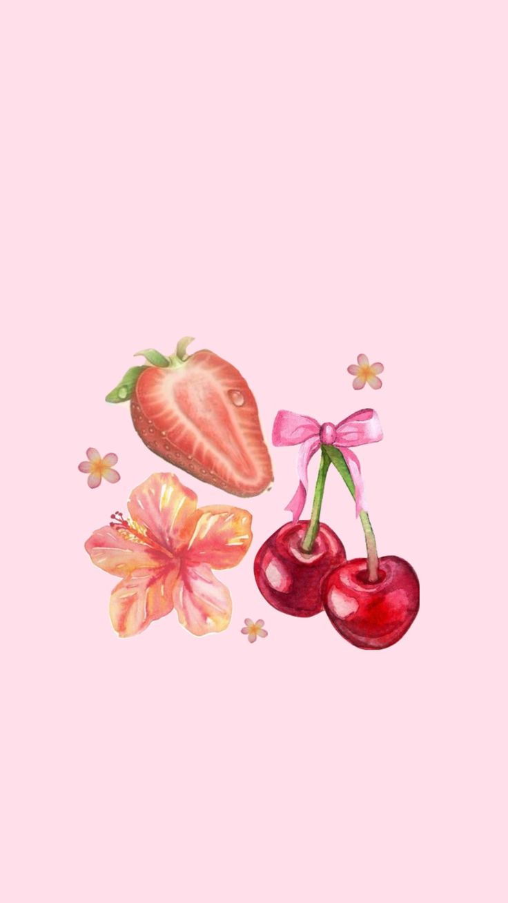 watercolor painting of cherries and strawberries on pink background with butterfly, flowers