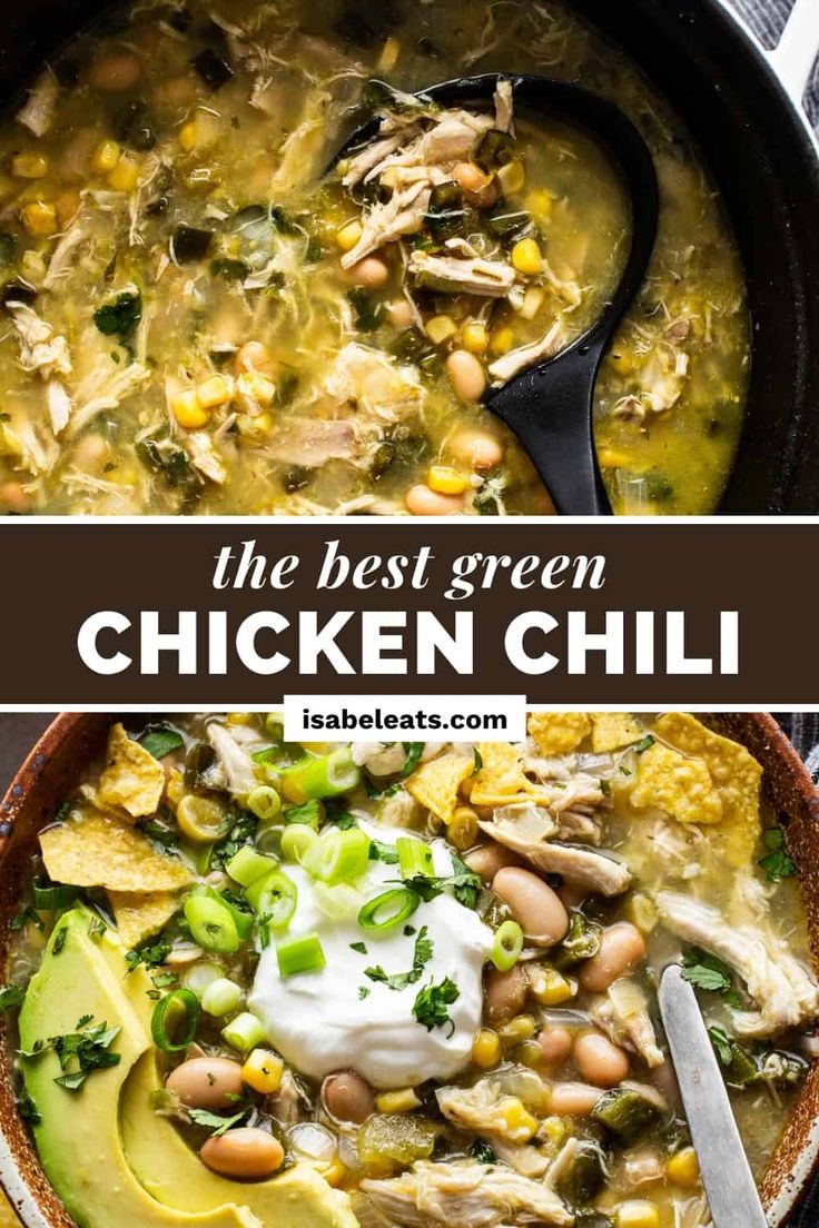 the best green chicken chili recipe in a bowl with avocado and sour cream