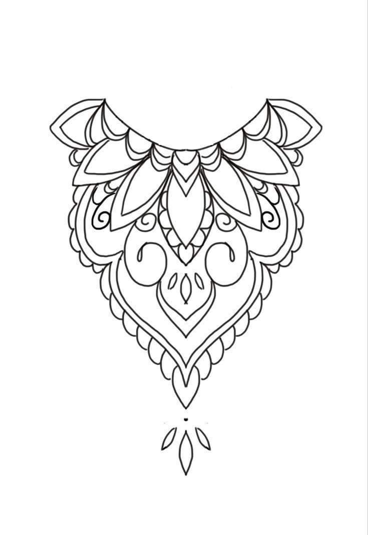 a black and white line drawing of an ornate design with hearts on it's sides