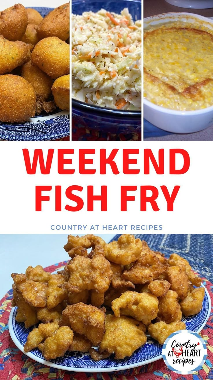 the cover of a cookbook with images of fish frys and other food items