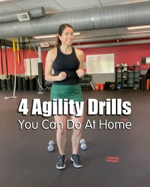 a woman standing in a gym with the words 4 agility drills you can do at home