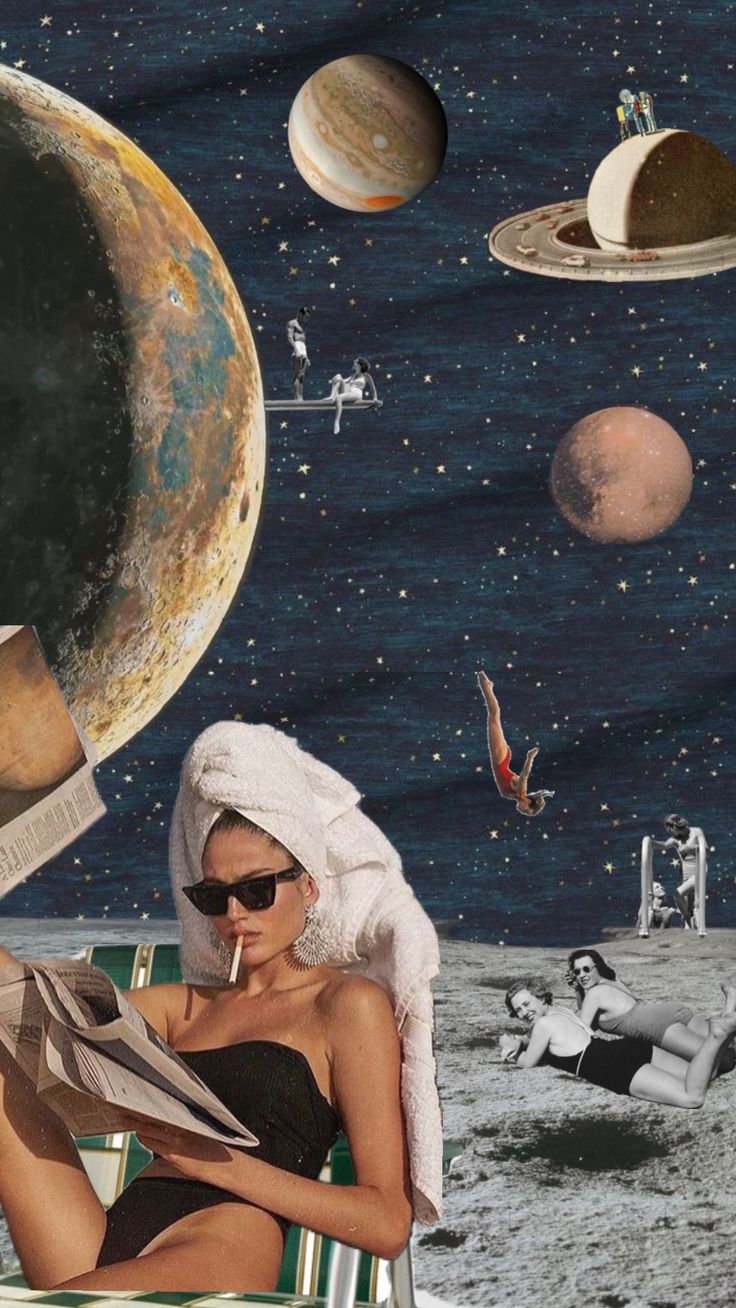 a woman sitting in a lawn chair reading a newspaper with planets and stars above her