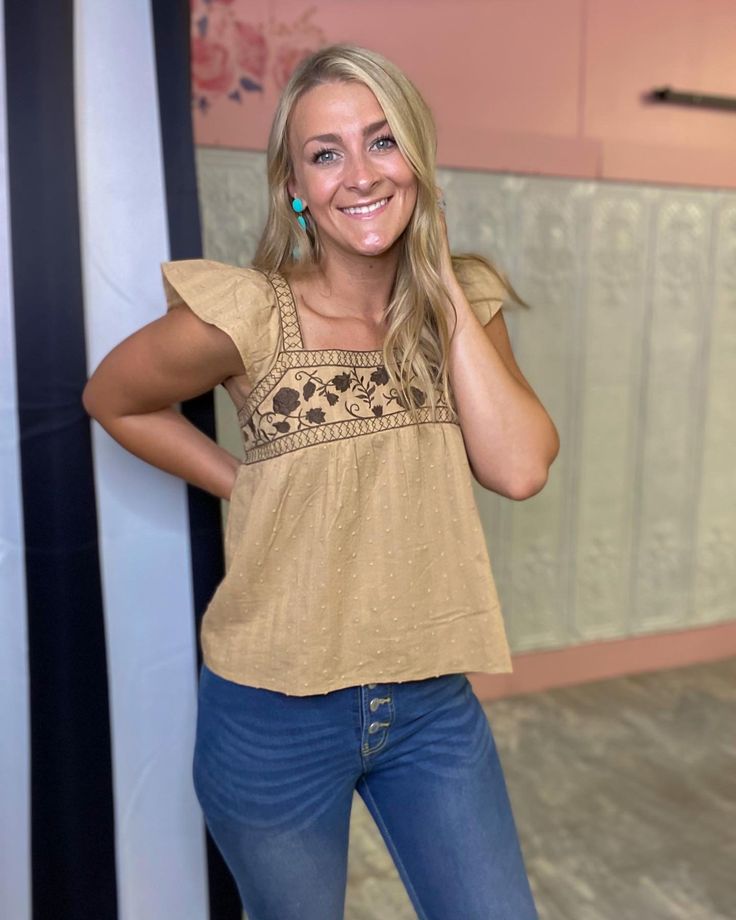 Adorable and Feminine Fit!Tan/ Beige Square Neck TopFloral Embroidered DetailFlutter Cap SleevesNot Lined100% Cotton Beige Square, Square Neck Top, Flutter Sleeve Top, Flutter Sleeve, Square Neck, Tank Top Fashion, Open Shoulder Tops, Sleeve Top, Boutique