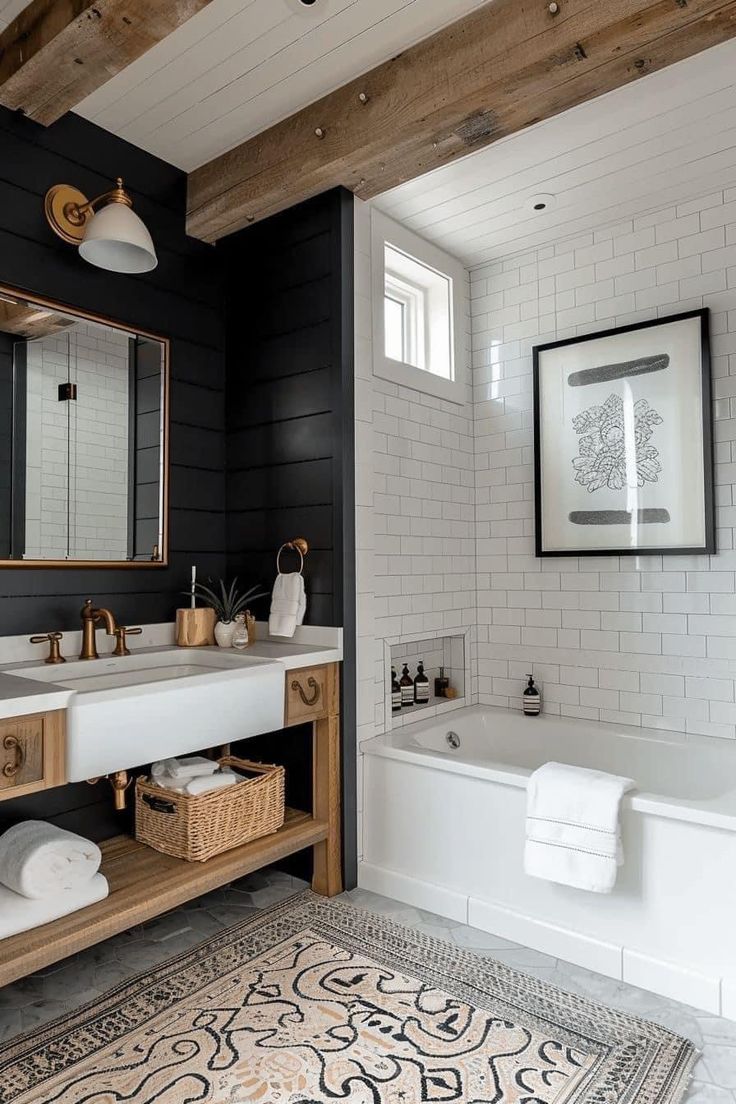 a bathroom with black walls and white tile flooring, two sinks and a bathtub