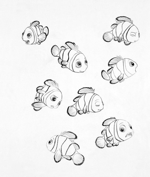 some cartoon fish are lined up in the same pattern as each other, and one is black and white