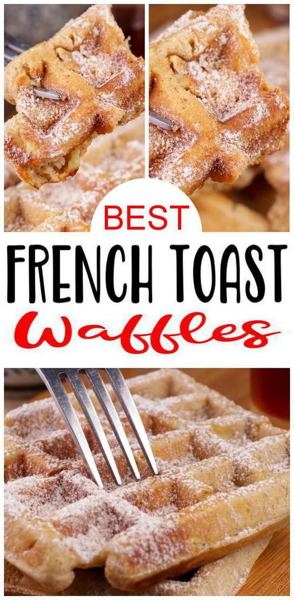 french toast waffles with powdered sugar on top and the title overlay reads best french toast waffles