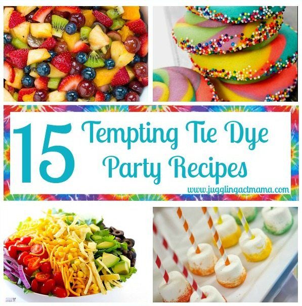 there are many different party foods and desserts on this page with the words 15 tempting tie dye party recipes