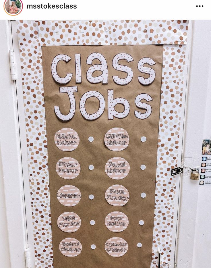 a bulletin board that says class jobs with polka dots on the front and back door