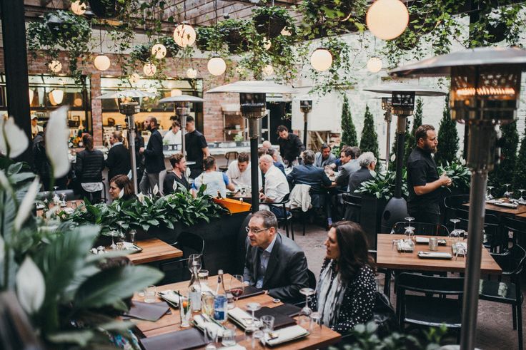 people sitting at tables in a restaurant with lots of greenery hanging from the ceiling