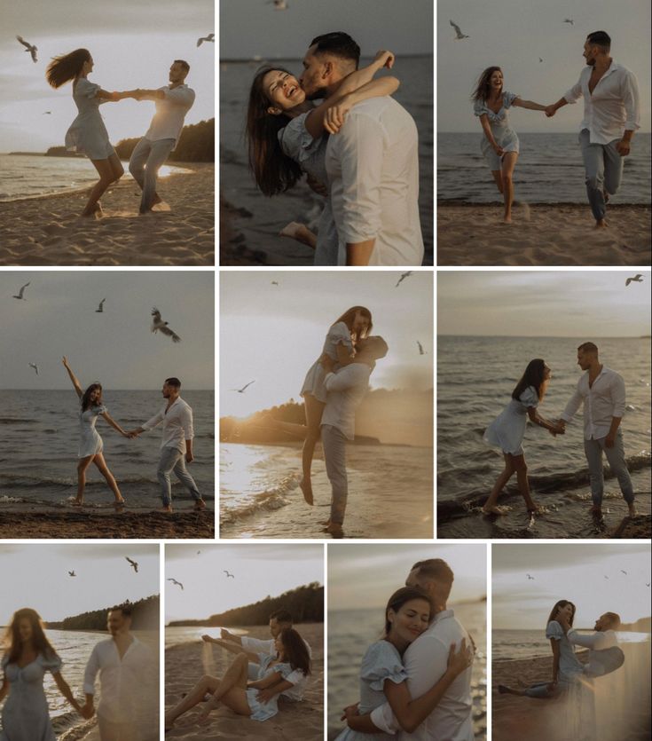 a collage of people on the beach with seagulls in the sky and one person holding his arm up