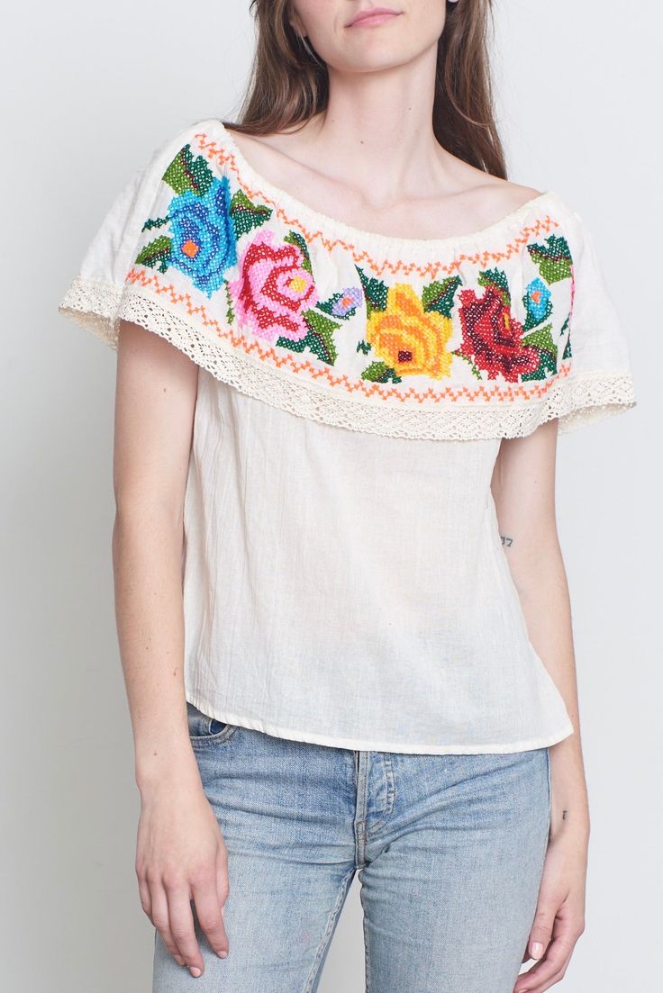 Vintage hand embroidered Mexican blouse Brand : Unknown 100% cotton sold in AS IS CONDITION fits sizes from 2-6 Ivory 100% cotton BUST 19.5" WAIST 20.5" LENGTH 22" SWEEP 22" Casual Embroidered Off White Tops, Cream Cotton Top With Floral Embroidery, Beige Floral Embroidered Cotton Tops, Beige Cotton Top With Floral Embroidery, Cream Floral Embroidered Summer Tops, Cream Embroidered Cotton Tops, Spring Beige Embroidered Cotton Top, Summer Embroidered Beige Blouse, Embroidered Off White Summer Tops