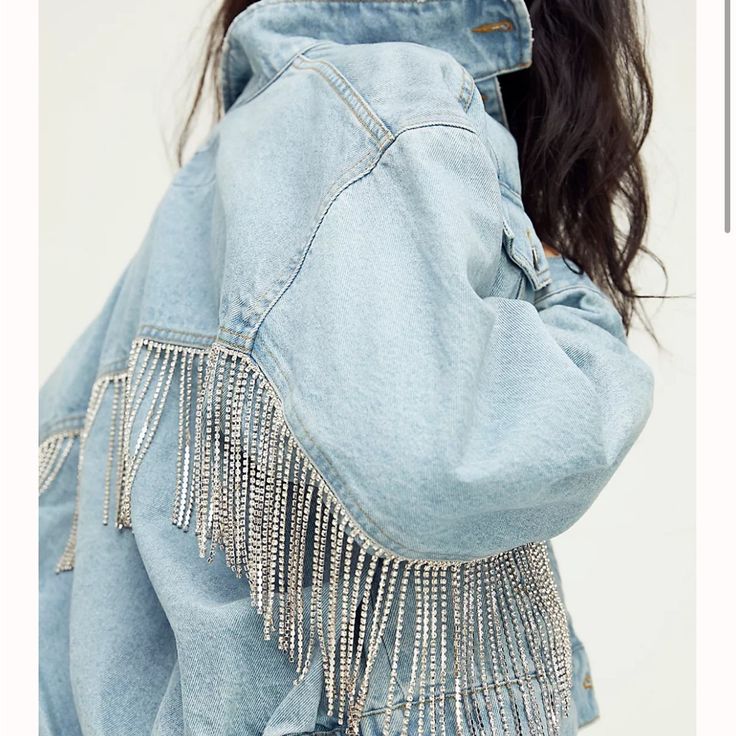 Brand New With Tags. Size Small. Look Boho Chic, Lacey Dress, Looks Country, Rhinestone Fringe, Statement Jacket, Denim Diy, Free People Jacket, Jacket Outfit, Free People Denim