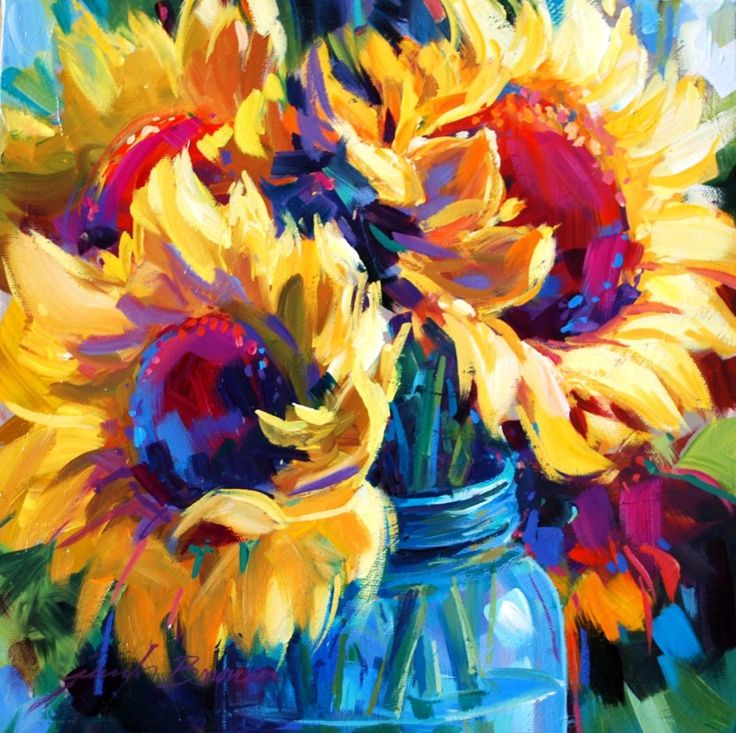 a painting of sunflowers in a blue vase