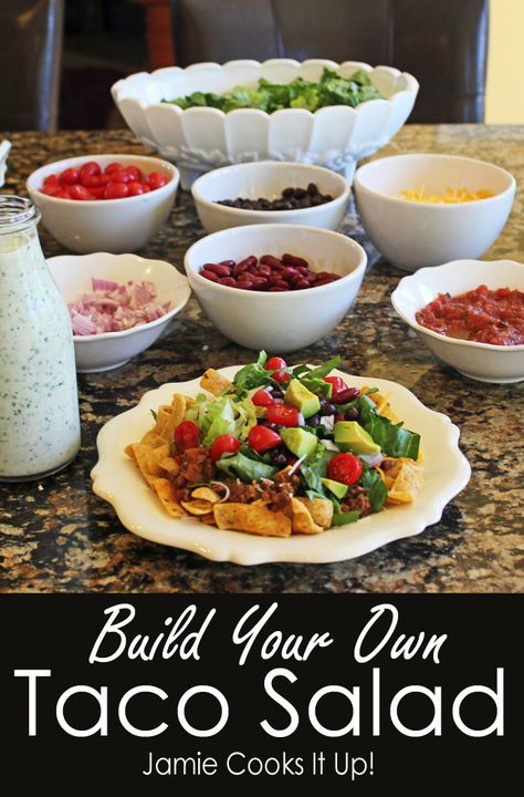 the cover of build your own taco salad by jamie cooks it up, with bowls of salsa and tortilla chips