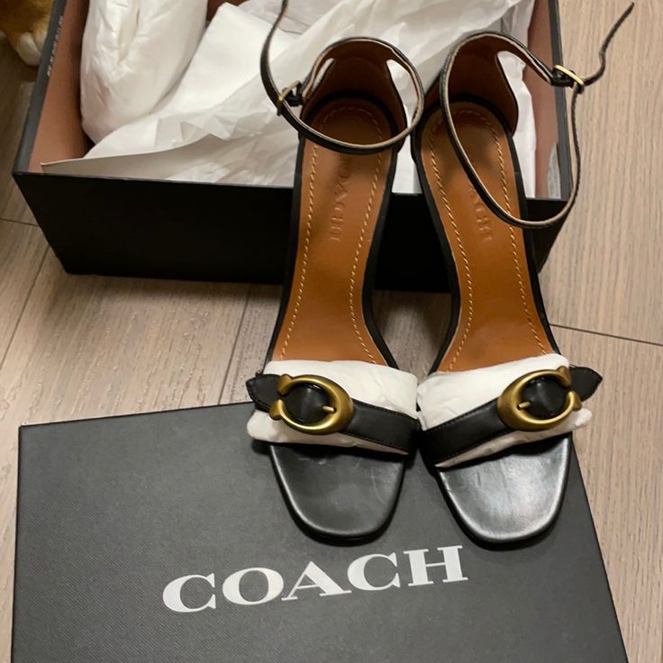 Authentic, Brand New. Coach Heels For Evening With Branded Insole, Coach Heels For Evening, Chic Coach Sandals With Branded Heel Counter, Chic Coach Pointed Toe Heels, Chic Coach Leather Heels, Chic Coach High Heel Sandals, Luxury Coach Leather Heels, Luxury Leather Coach Heels, Luxury Coach High Heels