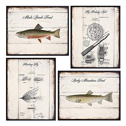 four different types of fish and fishing gear on wooden boards with words that spell out their names