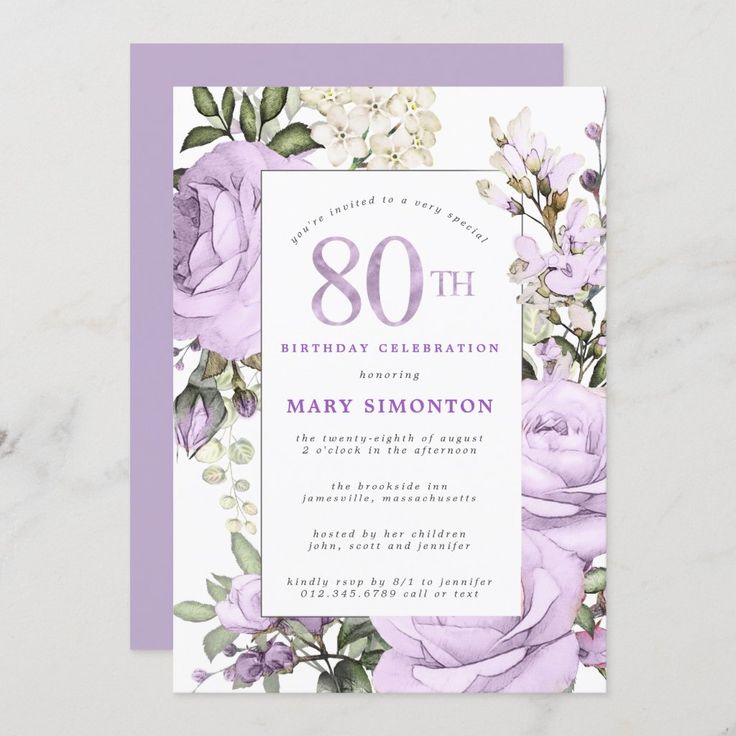 a purple and white floral 80th birthday party card