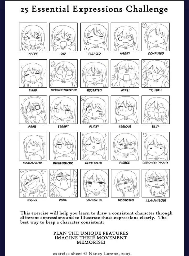 the 25 essential expressions for an anime character's face and their expressions are shown in this