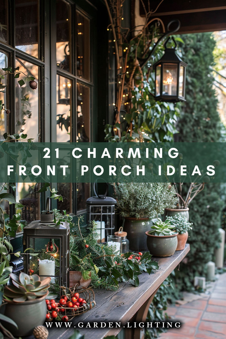 a close up of a table with plants and lanterns on it Small Porch Styling, Front Small Garden Ideas, Sunny Porch Plants, Elegant Porch Ideas, Front Patio Decorating Ideas Curb Appeal, Inviting Front Porch Ideas, Eclectic Front Porch Ideas, Comfy Porch Ideas, Garden Wreath Ideas