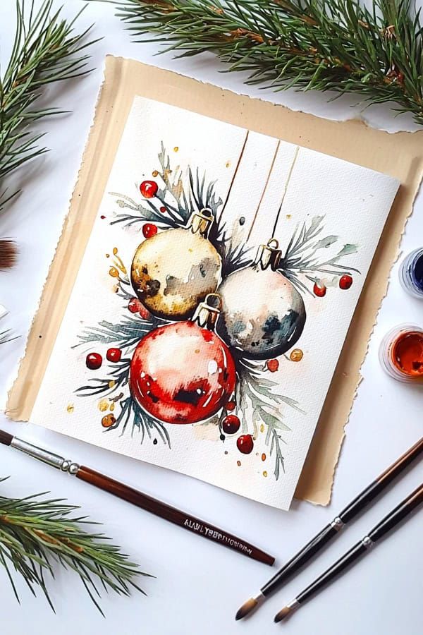 watercolor christmas ornament painting on paper surrounded by paintbrushes and pine needles