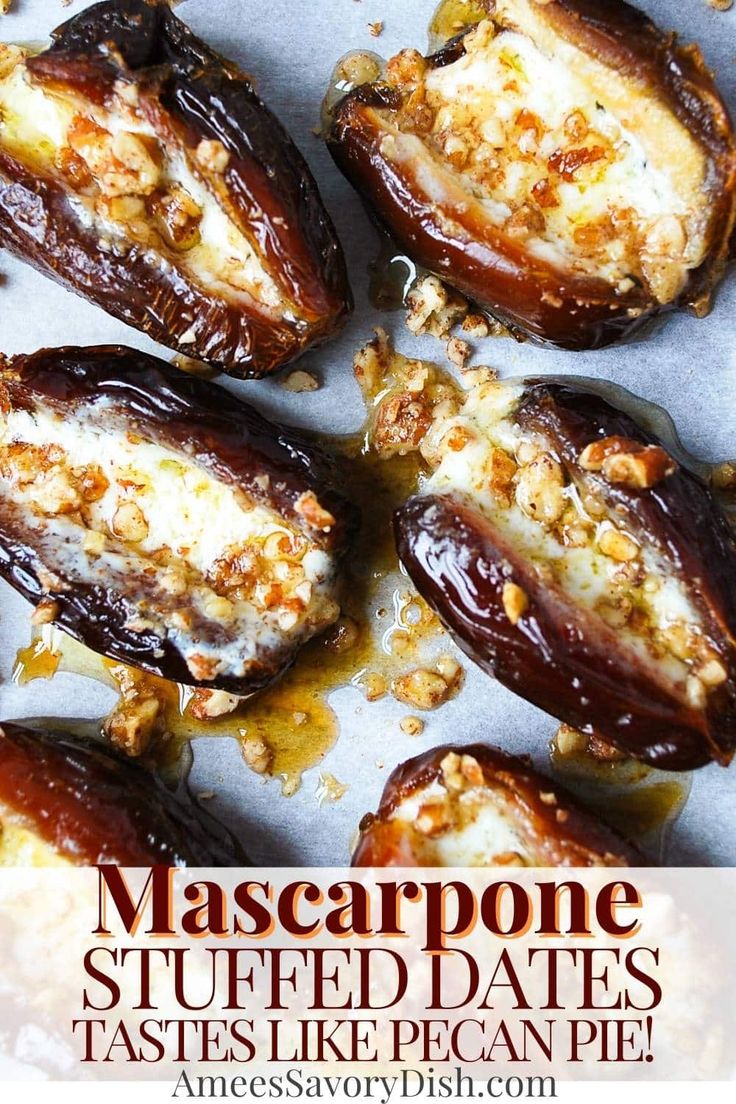 an image of stuffed dates with cheese and walnuts on them for mascarpone stuffed dates