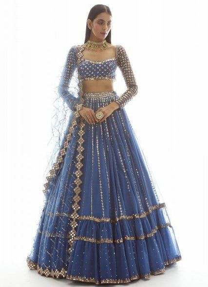 Muted Blue Linear Drop Lehenga Set Vvani by Vani Vats - Fabilicious Fashion Dull Blue, Vani Vats, Orang India, Indian Outfits Lehenga, Wedding Lehenga Designs, Gaun Fashion, Traditional Indian Dress, Blue Lehenga, Indian Bridal Outfits