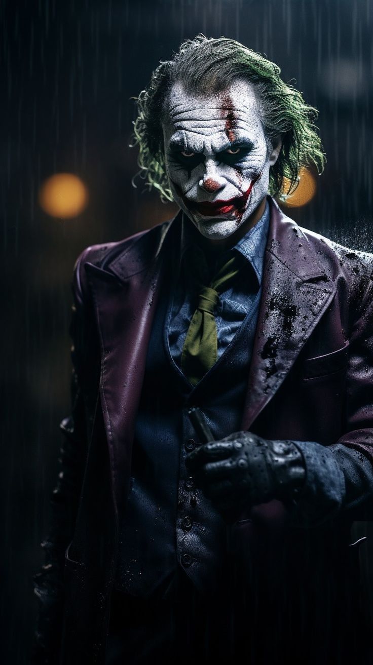 a man dressed as the joker standing in the rain