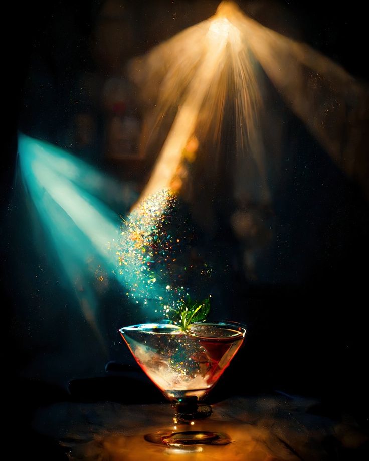 a martini glass with sprinkles in it on a table under a spotlight