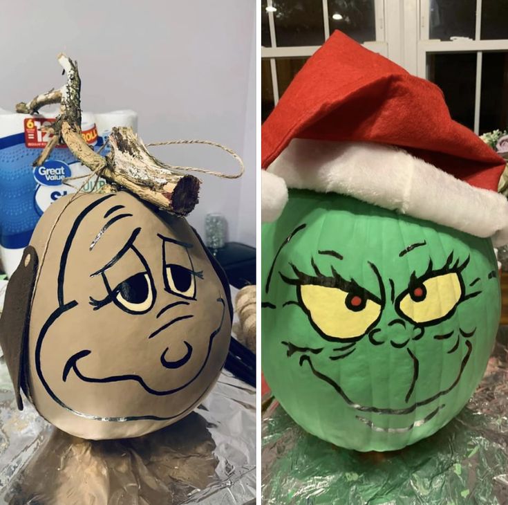 two pumpkins decorated to look like the grinch from how the grinch stole christmas