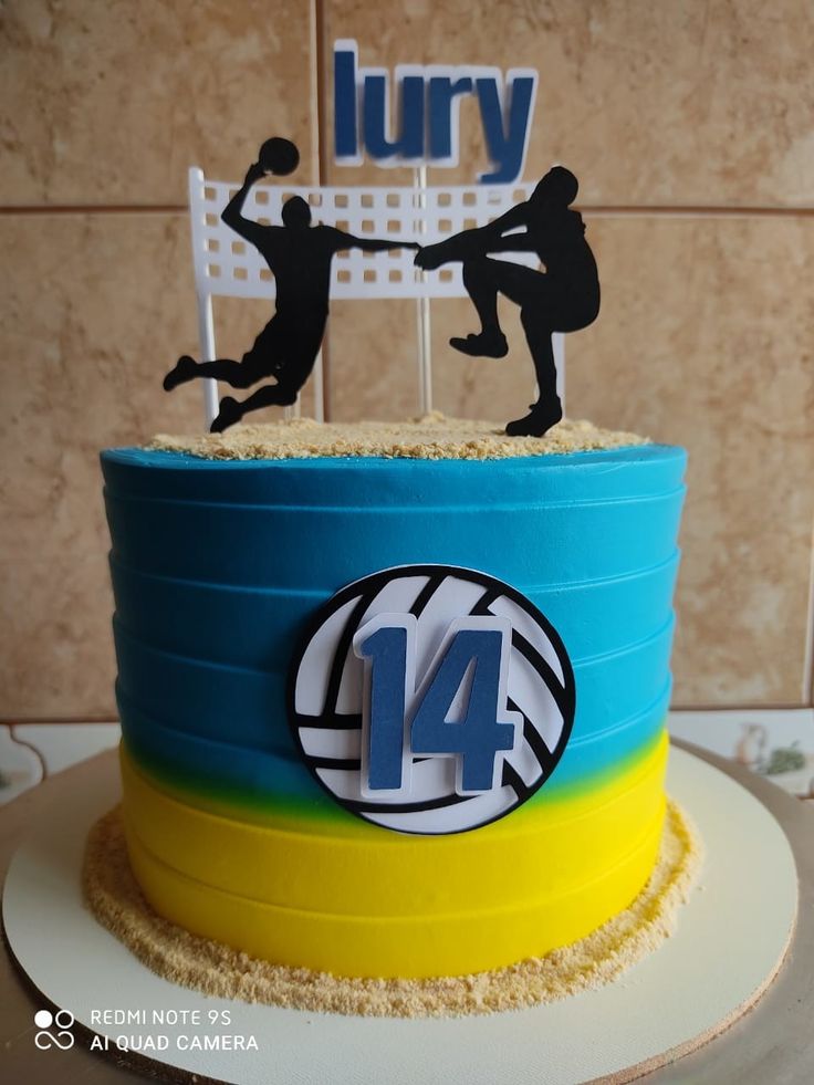 a birthday cake for a four year old boy is decorated with a volleyball and soccer theme