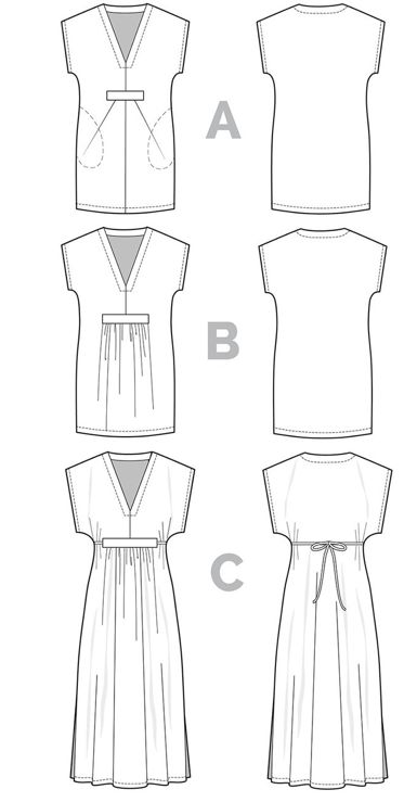 the front, back and side views of a women's dress