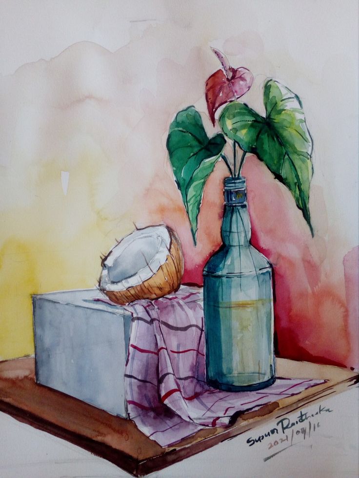 a watercolor painting of a vase with a flower in it next to a box