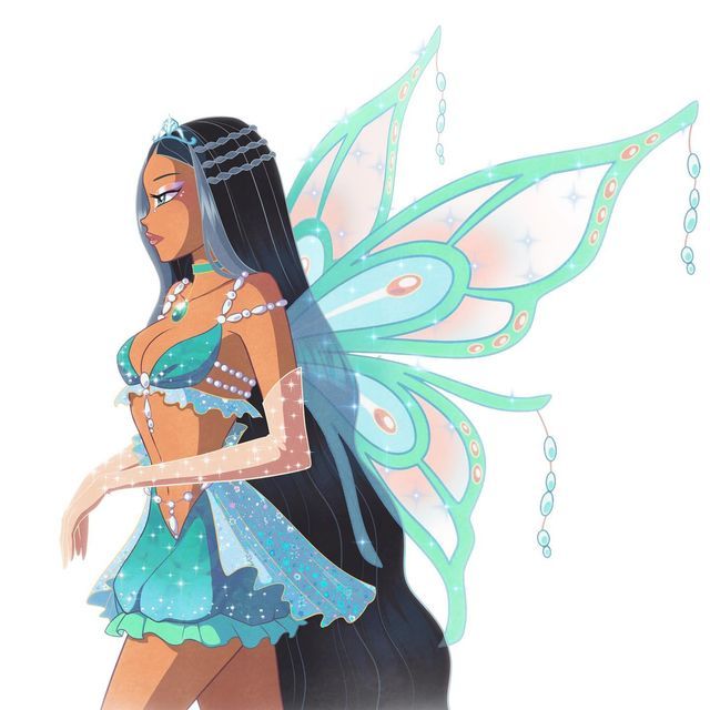 a woman dressed as a fairy with wings and beads on her head is standing in front of a white background