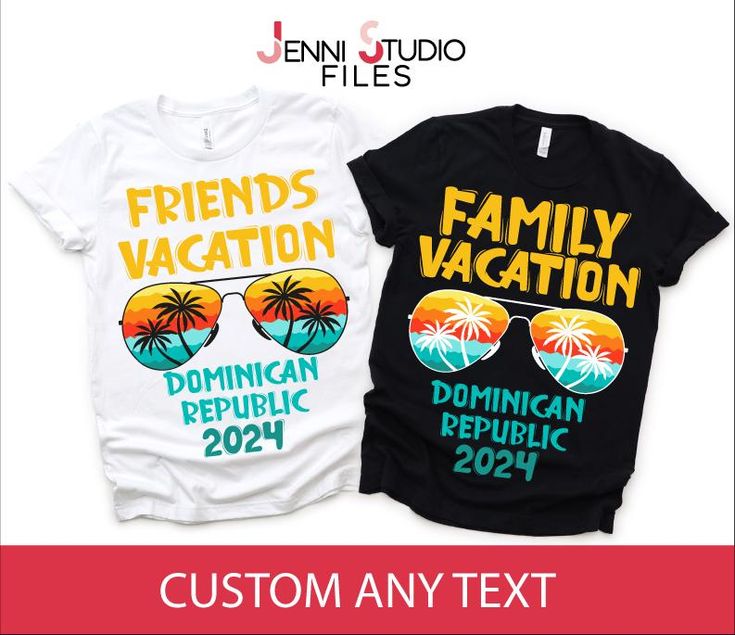 two t - shirts with the words friends vacation and sunglasses on them, both printed in different