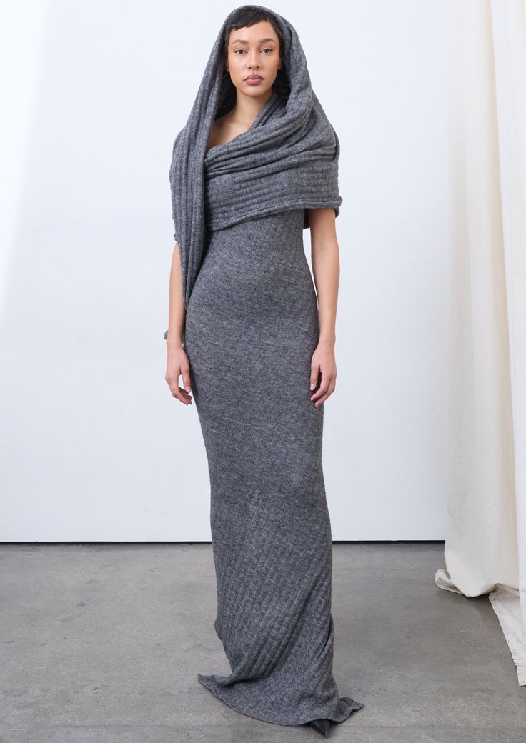 Wool wrap maxi dress. DETAILS:- Mono-strap- Attached shoulder scarf wrap COLOR: Gray / Yellow SIZE & FIT: Model is 32 bust, 24 waist, 36 hip and wearing a size S. CARE INSTRUCTIONS: Dry clean recommended. Air dry. Do not machine dry. Shoulder Scarf, Wrap Maxi Dress, Wool Wrap, Hooded Dress, Gray Yellow, Maxi Wrap Dress, Air Dry, Aesthetic Clothes, Fashion Inspo Outfits