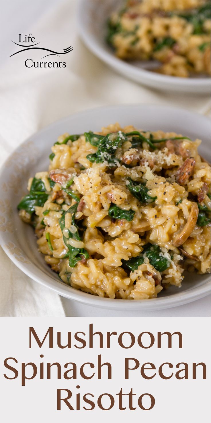 mushroom spinach pecan risoto on a white plate with text overlay