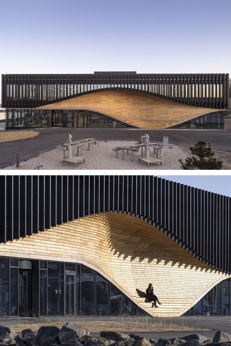 two images side by side showing the outside and inside of a building with wooden slats