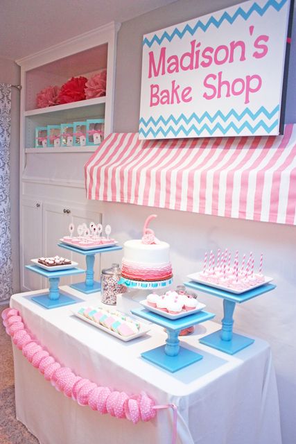 a pink and blue dessert table at a birthday party