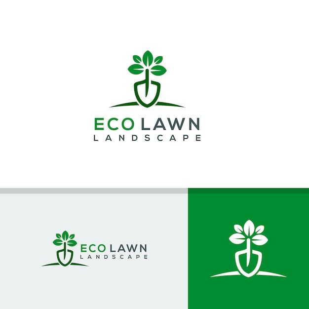 the eco lawn landscape logo is shown in green, white and gray colors with an image of