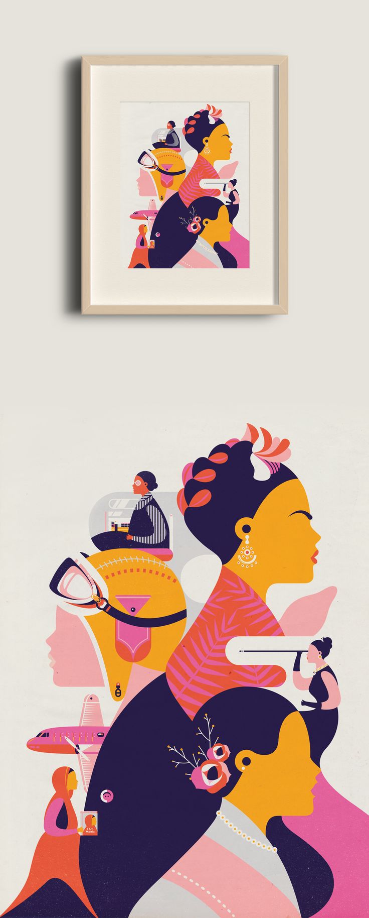 an art print with two women in different colors and shapes, one is framed above the other