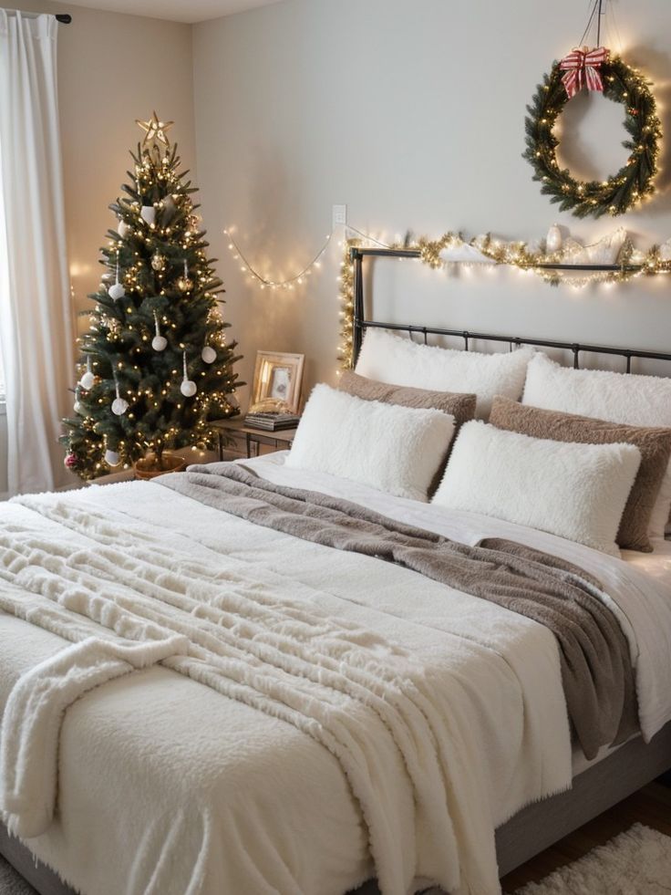 a bedroom decorated for christmas with lights on the trees