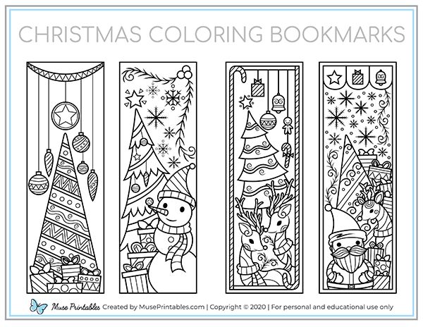 christmas coloring bookmarks for adults and children with holiday trees, santa clause, snowman